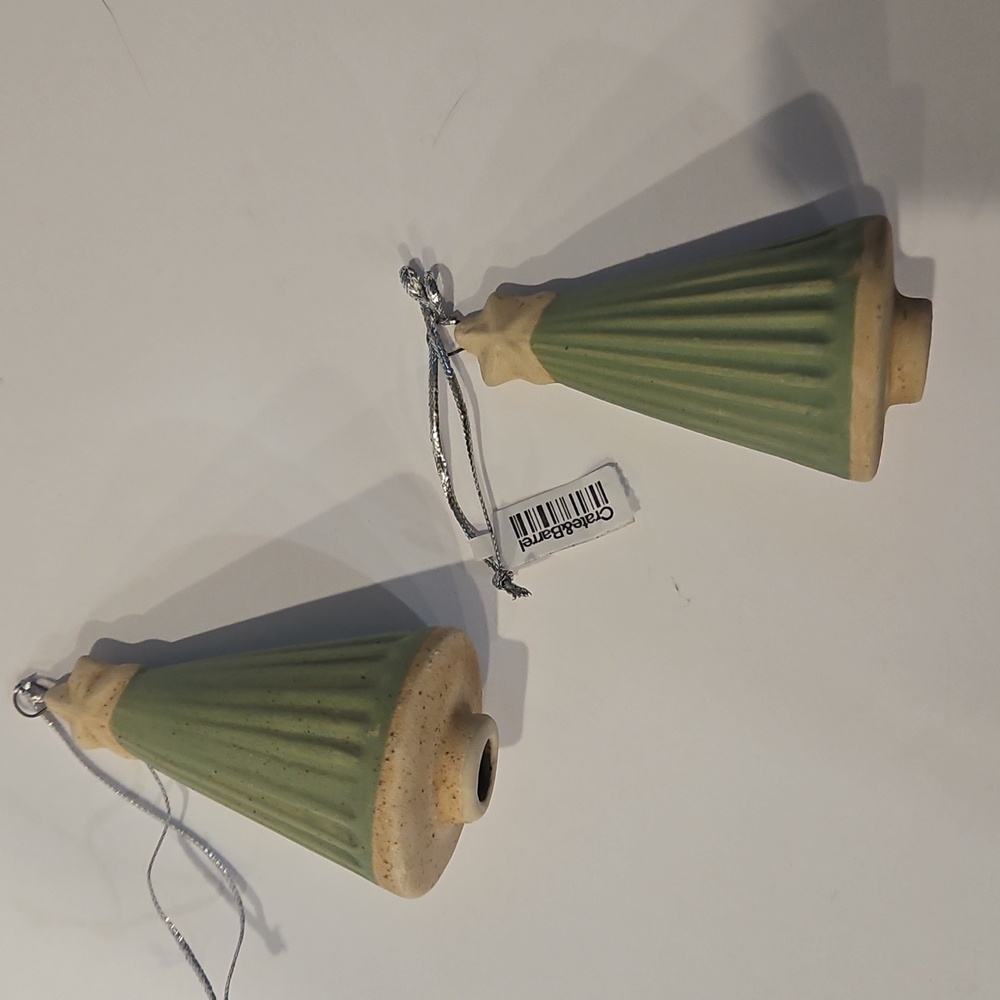 NWT Set Of 2 Crate & Barrel Ceramic Green Trees & Beige Christmas Ornaments